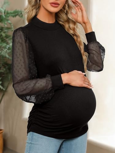 FMEYOA Women's Maternity Shirt Long Sleeve Top Mock Neck Blouse - color: Black, size: Medium