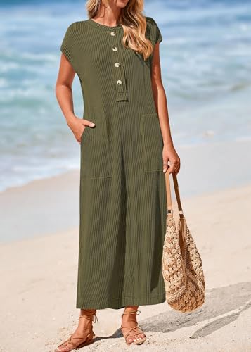 KIRUNDO Womens Summer Ribbed Knit Short Sleeve Maxi Dress - color: Army Green, size: Medium