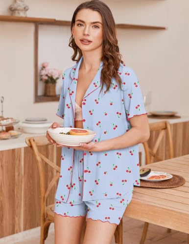 Ekouaer Button Up Pajamas for Women Set Ribbed Knit Pjs 2 Piece Lounge Set - color: Blue-cherries, size: Large