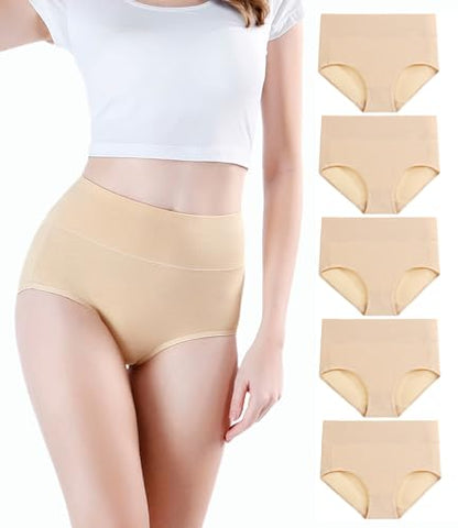 wirarpa Women's Underwear High Waisted Ladies Cotton Panties Soft Full Coverage Briefs 5 Pack - color: Beige-5p, size: Medium