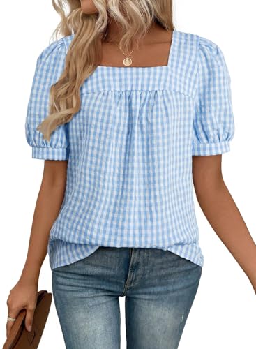EVALESS Womens Gingham Top Short Sleeve Square Neck Shirts Cotton Blouse - color: A Blue, size: Large