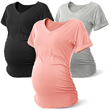 Rnxrbb 3 PCS Short Sleeve Maternity Shirts Summer Pregnancy Tops Clothes - color: 4-pink&black&gray, size: Small