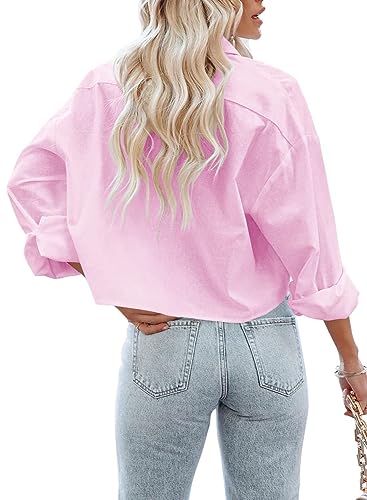 LAYOGAS Womens Crop Button Down Shirts Casual Long Sleeve Lapel Blouse - color: 04-pink, size: Medium