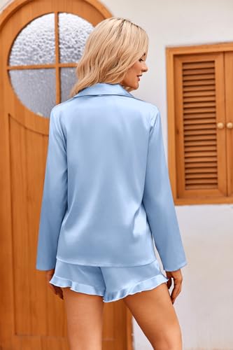 Ekouaer Womens Satin Pajama Sets Cute Button Down Silk Pjs with Ruffle - color: Clear Blue, size: X-Large