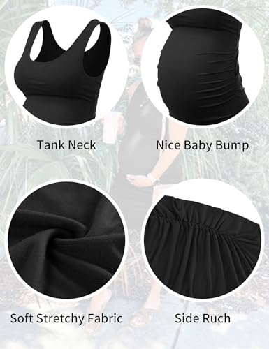 Peauty B Shape Side Ruch Maternity Tank Dress Bodycon Midi Dress - color: Black, size: X-Large