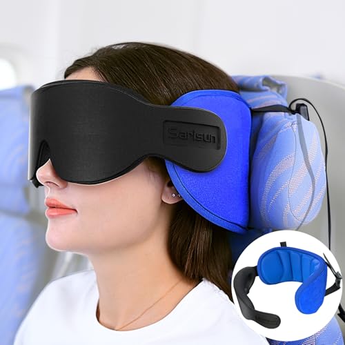 SARISUN Travel Pillow for Airplanes Sleep, Seat Strap for Stable Support - color: Blue
