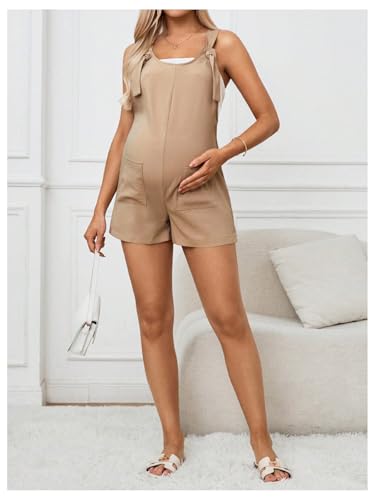 OYOANGLE Women's Maternity Romper Tie Knot Wide Strap Summer Overall - color: Khaki, size: Small