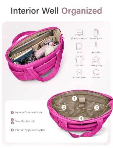 Uselike Tote Bag for Women with Zipper, Quilted Puffer Tote Bag with Compartments, Lightweight Puffy Work Bags for Women - color: Raspberry Pink