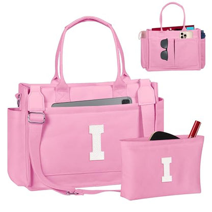 Birthday Gifts for Women, Initial Tote Bag with Makeup Bag - color: Pink, style: I