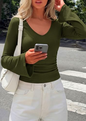 PRETTYGARDEN Womens Fall Cute Tops Bell Long Sleeve Shirts - color: Army Green, size: Medium