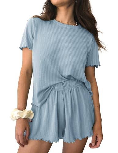 Ekouaer Womens Pajamas 2 Piece Ribbed Knit Pjs Short Sleeve Lounge Sets - color: Light Blue, size: Large