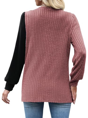 MixShe Womens Knit Sweaters 2026 Fall Winter Casual Long Sleeve Ribbed Colorblock Button Pullover Tops - color: Light Red, size: Medium