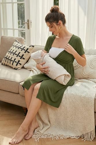 OUGES Women's Stain Resistant Labor Delivery Wrap Nursing Maternity Dress - color: Army Green, size: Small