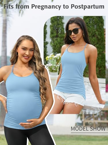 ATTRACO Women's Maternity Tank Tops with Built in Bra Pregnancy Tank - color: Light Blue, size: Medium