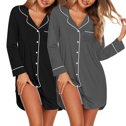 Ekouaer 2 Pack Nightgowns for Women Long Sleeve Button Down Sleep Shirt - color: Black/Grey, size: Large