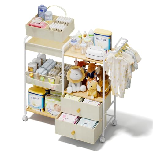 BBLIKE Diaper Caddy Organizer, Baby Storage Cart with Hanging Rack, Beige - color: Beige