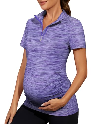 Viracy Womens Maternity Workout Tops 1/4 Zip Up Lightweight Short Sleeve Pregnancy Shirts for Work - color: Purple-2, size: Medium