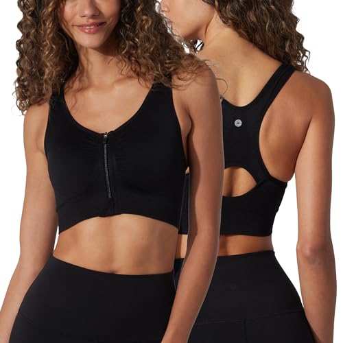 90 Degree By Reflex Women's 2 Pack Zip Front Bra Seamless Textured Racerback Performance Supportive Sports Bra - color: Black/Black, size: Large