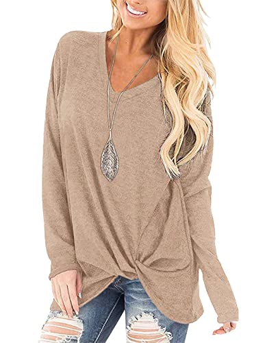 SimpleFun Womens Tops Long Sleeve Shirts V Neck Loose Twist Knot Fall Tunic - color: 02-beige, size: Large