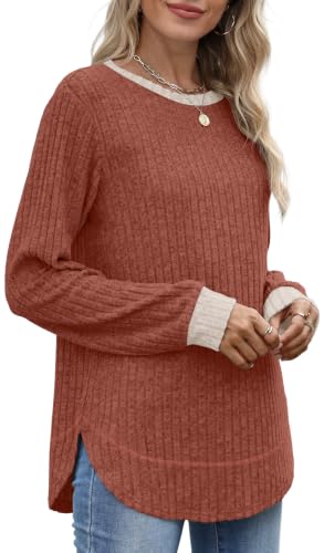OFEEFAN Womens Sweaters Crew Neck Tunic Tops Long Sleeve Shirts Curved Hem - color: B-caramel Color Block, size: Small