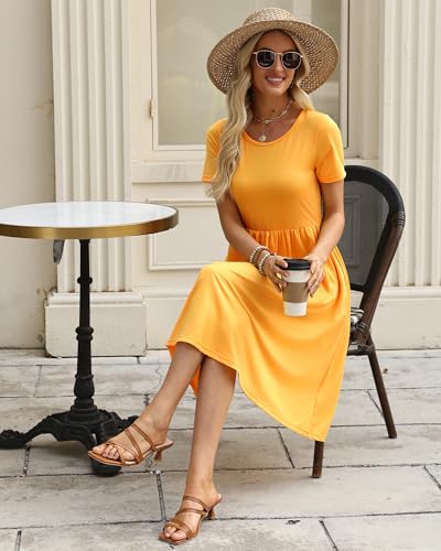 COSSEN Women's 2026 Summer Midi Dress Crew Neck Short Sleeve - color: B02-yellow, size: Small