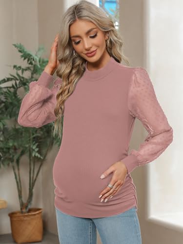 FMEYOA Women's Maternity Shirt Long Sleeve Top Mock Neck Blouse - color: Pink, size: Medium