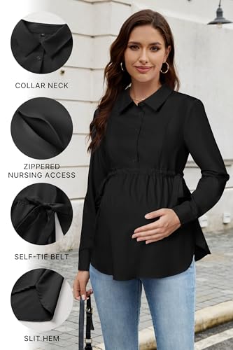 OUGES Women's Maternity Nursing Shirts Long Sleeve Hidden Zippers Pregnancy Blouse Button Down Work Office Tops 2025 - color: Black, size: Medium