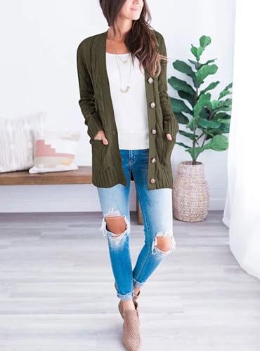 PRETTYGARDEN Women's Cable Knit Cardigan Sweaters Fall - color: Army Green, size: X-Large