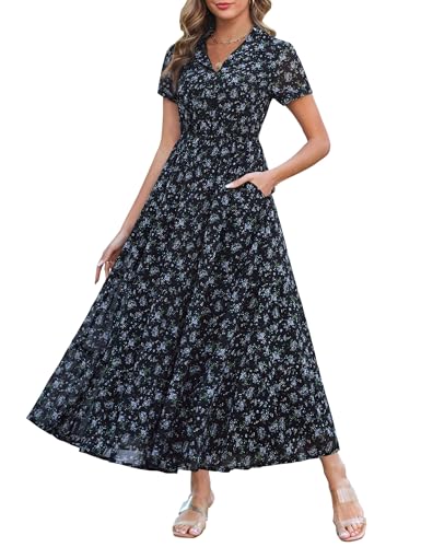 Kranda Women 2026 Summer Collared V Neck Short Sleeve Button Down Chiffon Long Tiered Floral Maxi Dress with Pockets - color: Black Blue, size: Medium