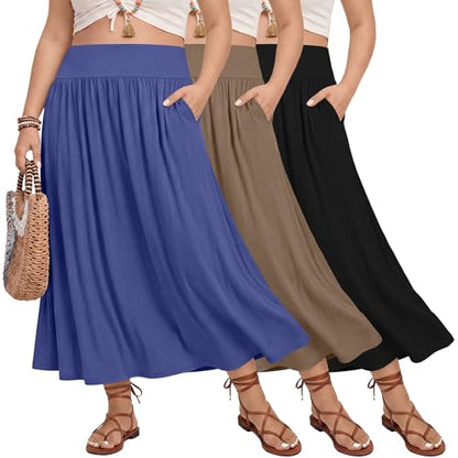 3 Pack Women's Plus Size Maxi Skirts - color: Black, Coffee, Haze Blue, size: XX-Large