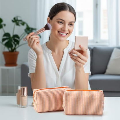 Sanwuta 6 Pcs Seersucker Cosmetic Bags Bulk, Striped Zippered,Orange - color: Orange