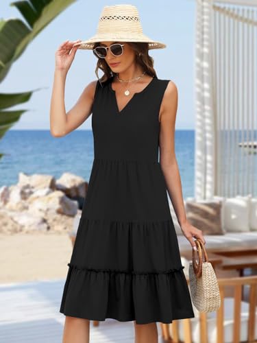Summer Dresses for Women 2026 Flowy Casual Boho Midi Sun Dress with Pockets - color: Solid-black, size: Small