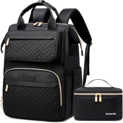 Lunch Backpack For Women, 15.6 Inch Laptop Backpack with Lunchbox - color: Black