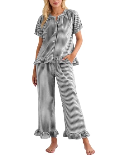Flygo Womens Striped Pajama Sets Cotton 2 Piece Ruffle Lounge Pjs - color: Black, size: Small