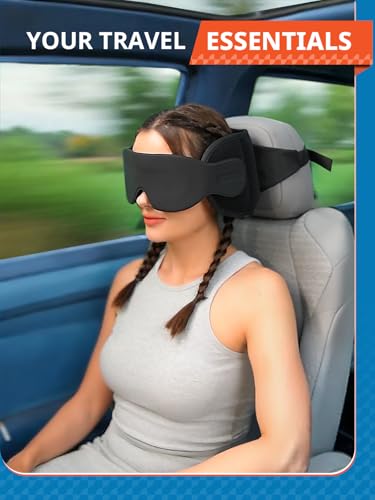 SARISUN Travel Pillow for Car Trip Head Strap for Headrest with 3D Eye Mask - color: Black-for Car Seat