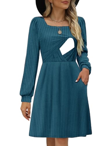 CzzzyL Womens Nursing Fall Dresses Square Neck Knit Sweater with Pockets - color: Purplishblue, size: Large