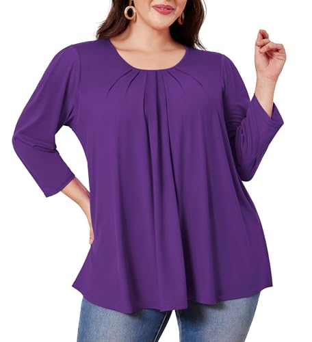 Plus Size Tunic Tops for Women 3/4 Sleeve Tunics Loose Fit Shirt Crew Neck Pleated Solid Casual Dressy Blouses - color: D-deep Purple, size: 6X-Large