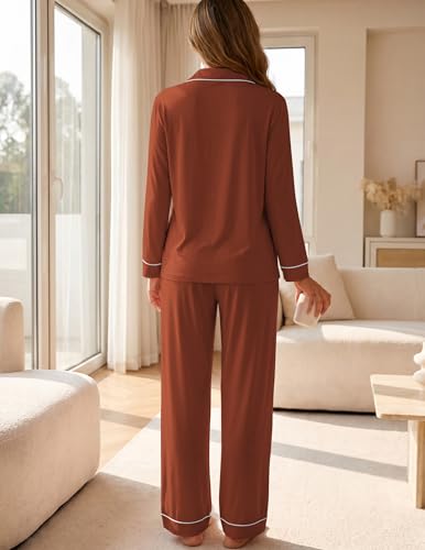 ZMJ Womens Pajama Sets 2 Piece Long Sleeve Button Down Sleepwear with Pants - color: Caramel, size: Medium