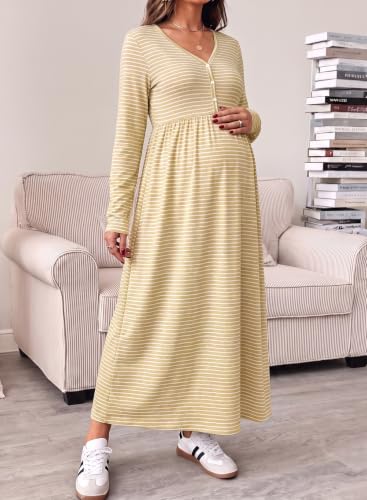 BLENCOT Maternity Dress V Neck Long Sleeve Striped Button Down Maxi Dresses - color: Yellow, size: Medium