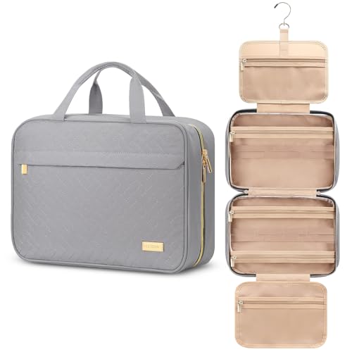 Hanging Travel Toiletry Bag, Large Capacity Cosmetic Organizer for Full-size Bottle with 4 Compartment for Daily Use - color: Grey