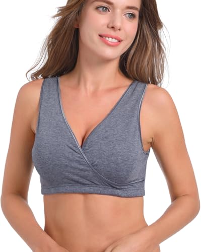 SUIEK 4 Pack Nursing Sleep Bra Maternity Bralette Cotton Breastfeeding Bras - color: Dark Grey/Gray/Grey Print/Navy Dot-4pcs, size: Large