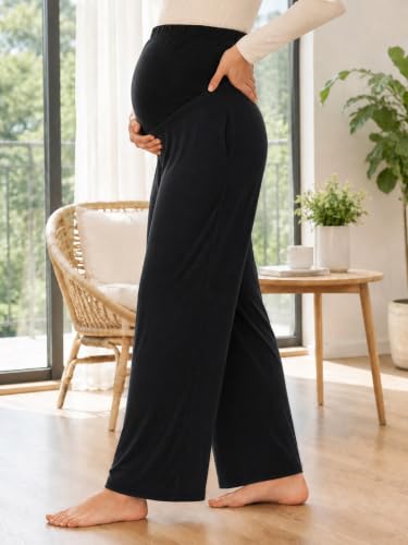 Yousify Womens Maternity Pants Casual Wide Leg Pregnancy Trousers - color: Black, size: XX-Large