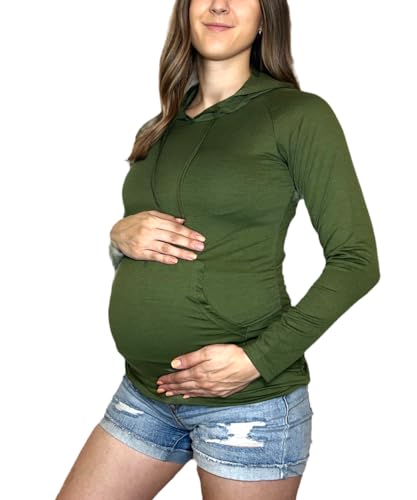 MISS POPULAR Womens Maternity Hoodie Ruched Side Long Sleeve Front Pocket Cozy Pregnancy Layering Sweatshirt - color: Olive, size: Medium
