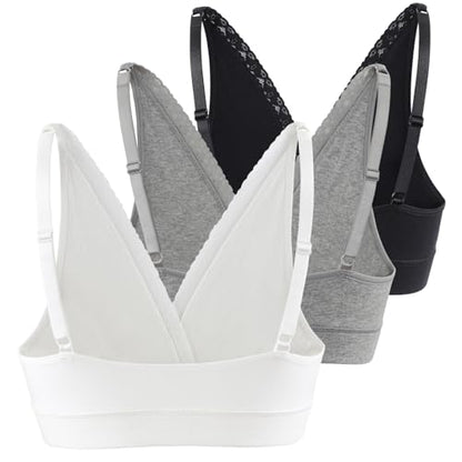 COLOMI Maternity Nursing Bra Wirefree Cotton Breastfeeding Bra for Sleep Lace Maternity Bralette - color: Black+grey+white, size: Medium