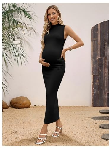 OYOANGLE Women's Maternity Mock Neck Sleeveless Ruched Bodycon Maxi Dress - color: Black, size: Medium