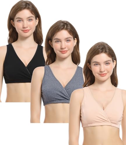 CAKYE 3 Pack Cotton Maternity Nursing Bras Breastfeeding Sleep Bralette - color: A-black+charcoal+nude/3pcs, size: Medium