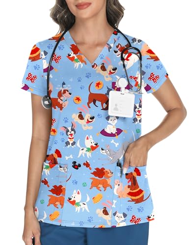 LOMON Women's V Neck Printed Scrub Top with 3 Pockets - color: Cute Dogs, size: Small