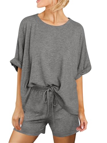 Tankaneo Womens 2 Piece Shorts Sets Oversized Short Sleeve Pajamas Sets - color: Dark Grey, size: Small