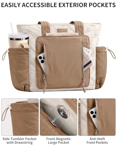 Bagstellar Puffer Tote Bag for Women, Lightweight Puffy Work Laptop Handbag - color: Cream-khaki
