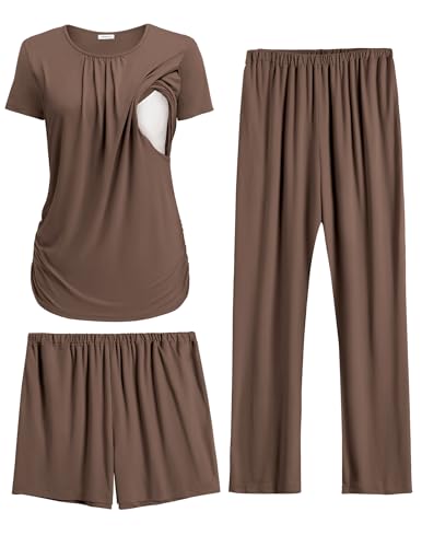 Ekouaer Maternity Nursing Pajamas Set 3 Piece Postpartum Breastfeeding Pjs - color: Brown, size: Medium